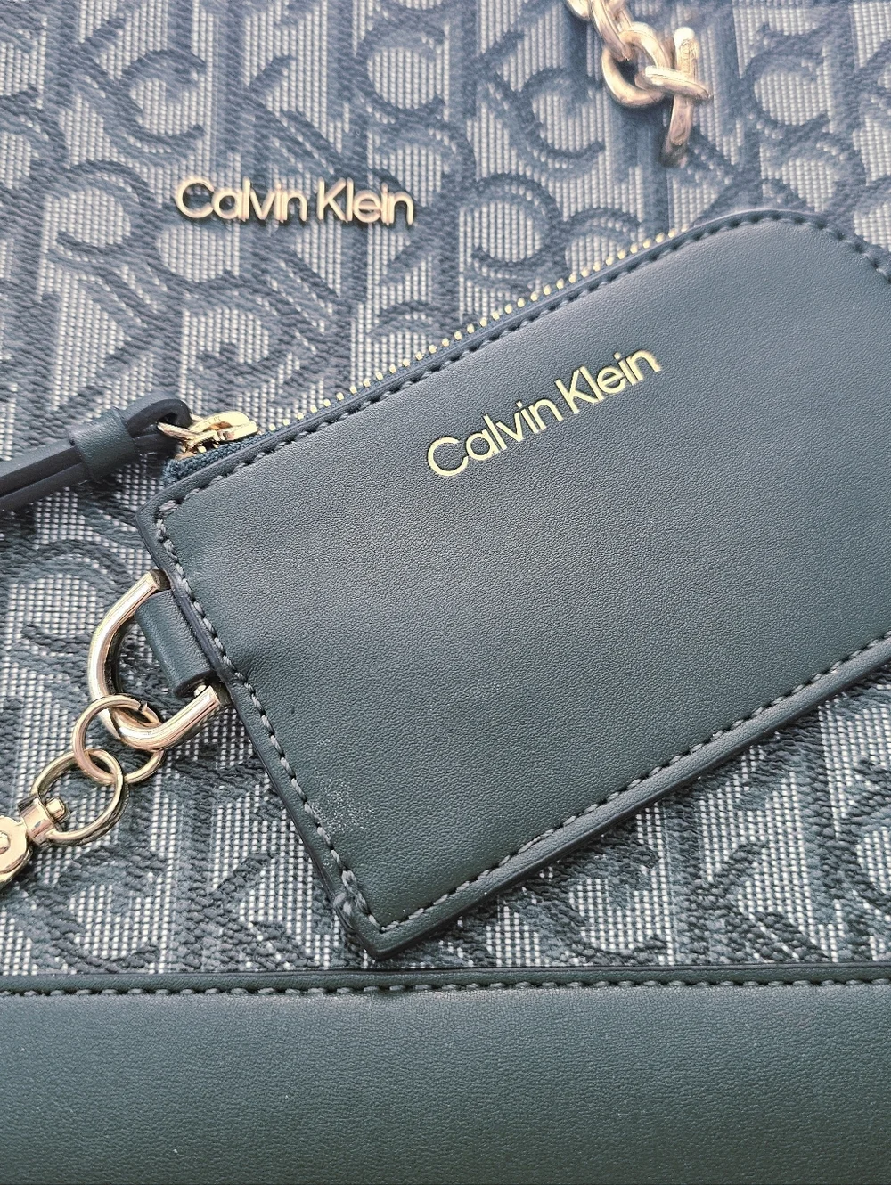 Calvin Klein Teal Blue Monogram Purse Top Handle Shoulder Bag Large